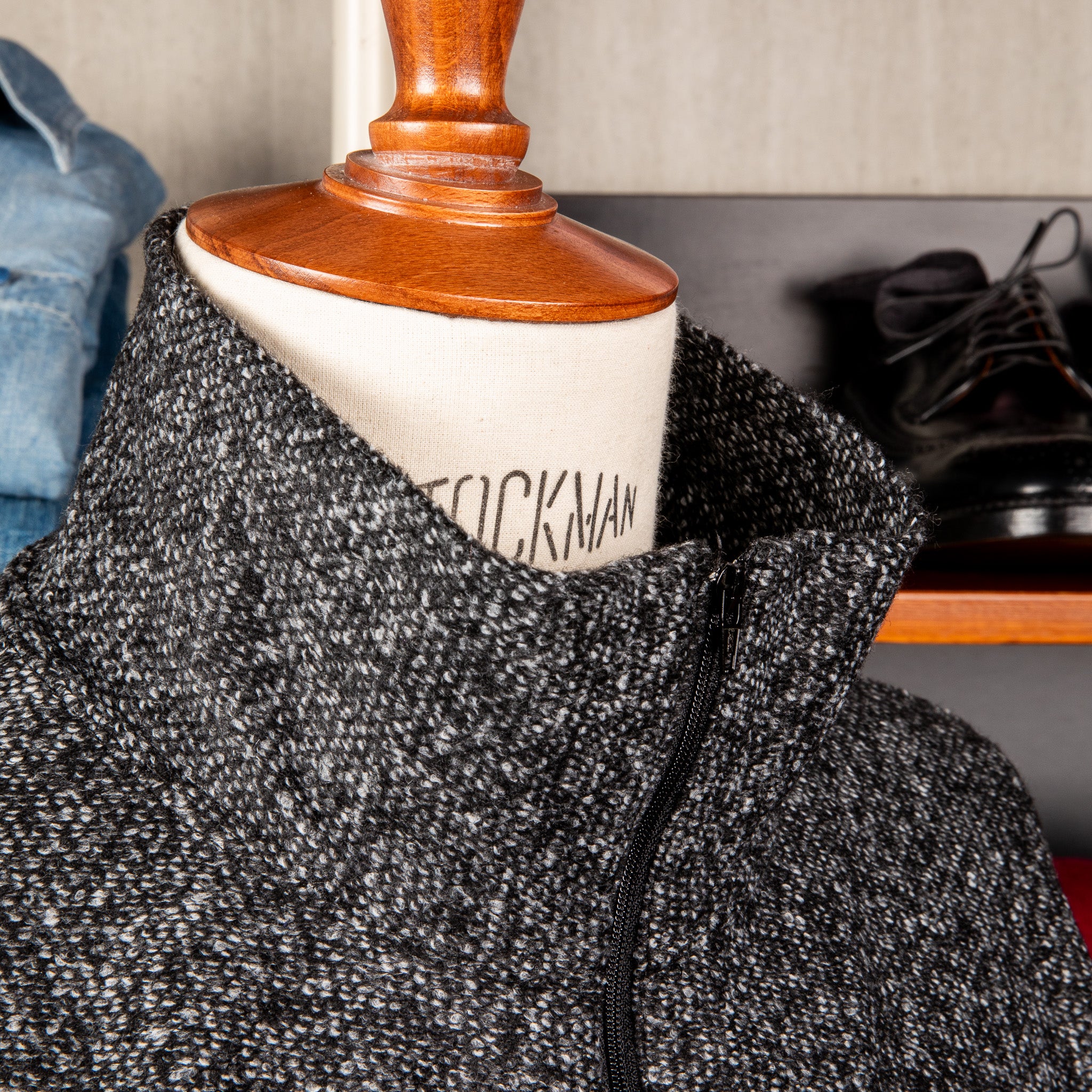 Engineered Garments Zip Mock Neck Charcoal Wool Poly Melange