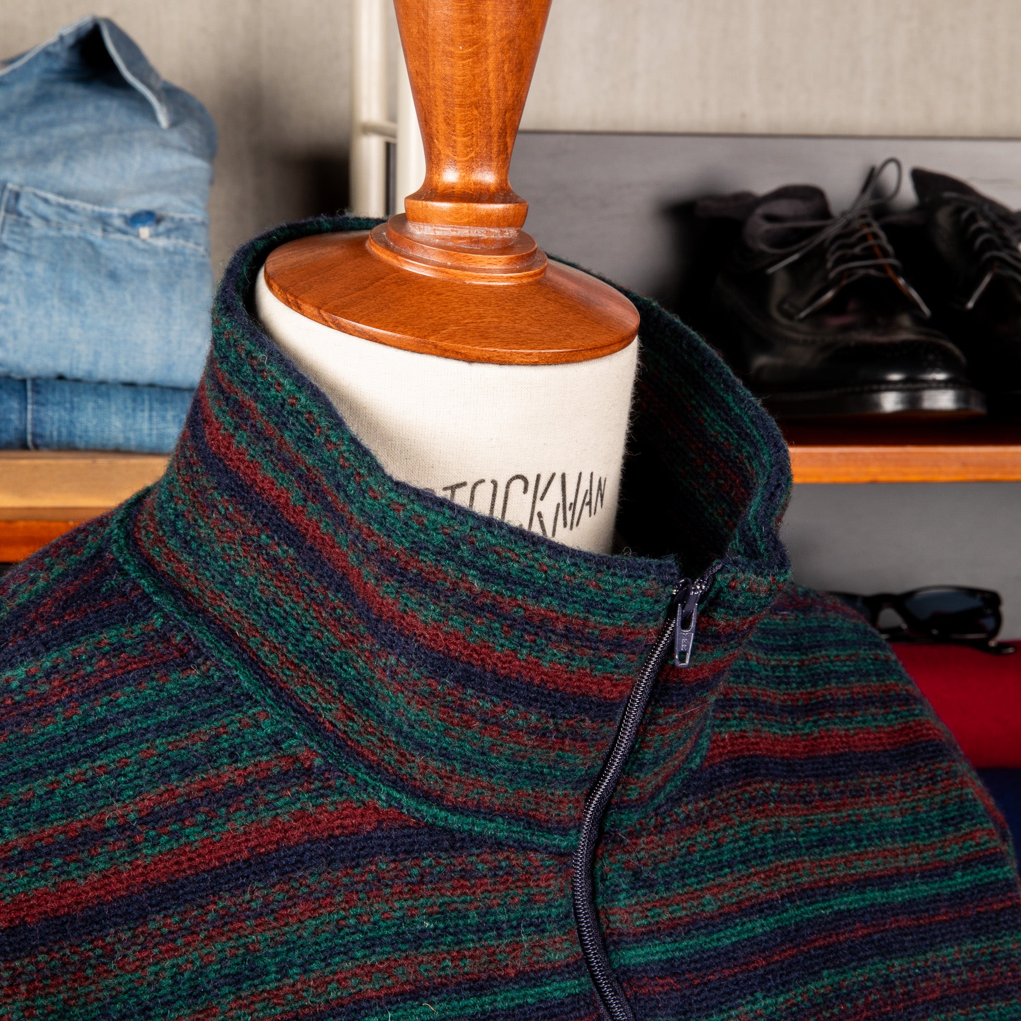 Engineered Garments Zip Mock Neck Green Fair Isle Stripe Knit