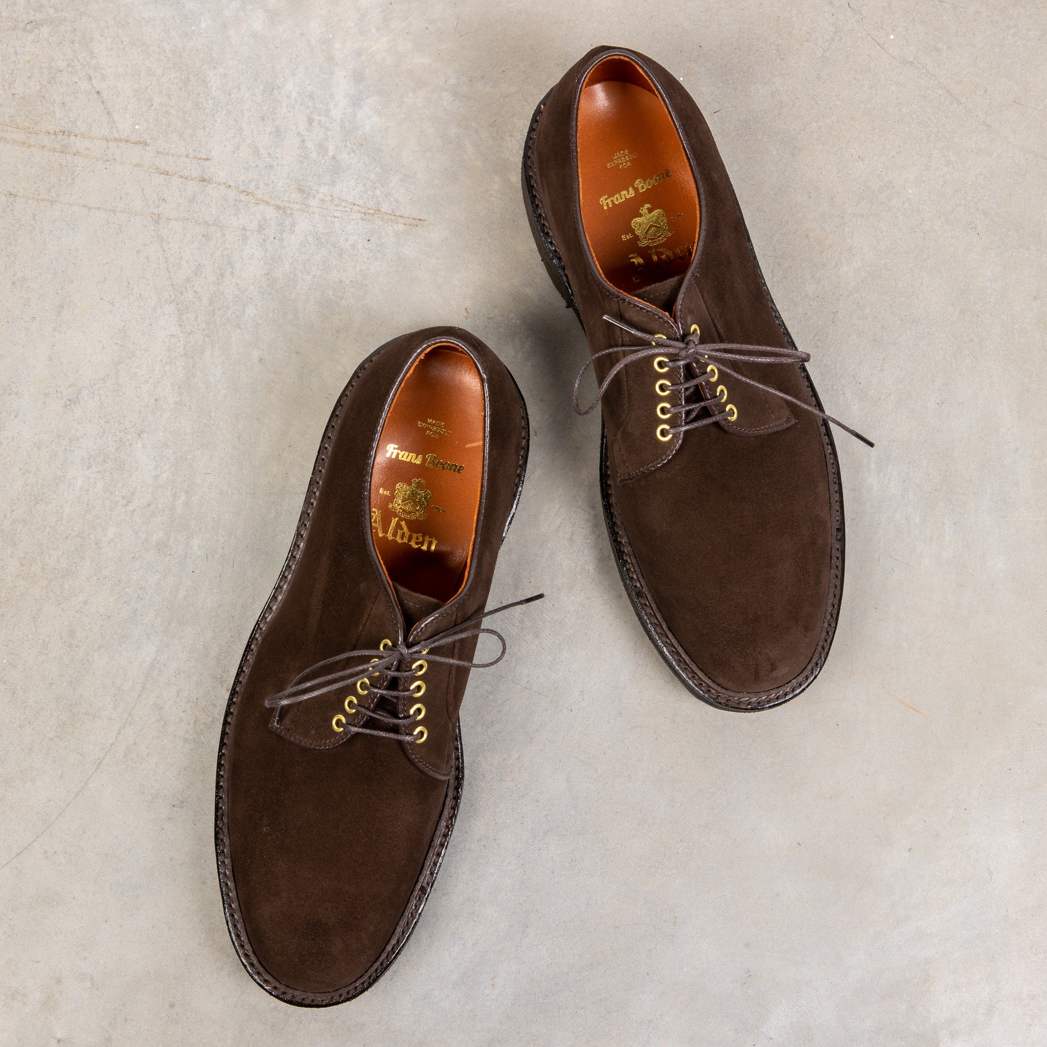 Alden x Frans Boone Dark Brown Suede Plain Toe Blucher On  display picture 2