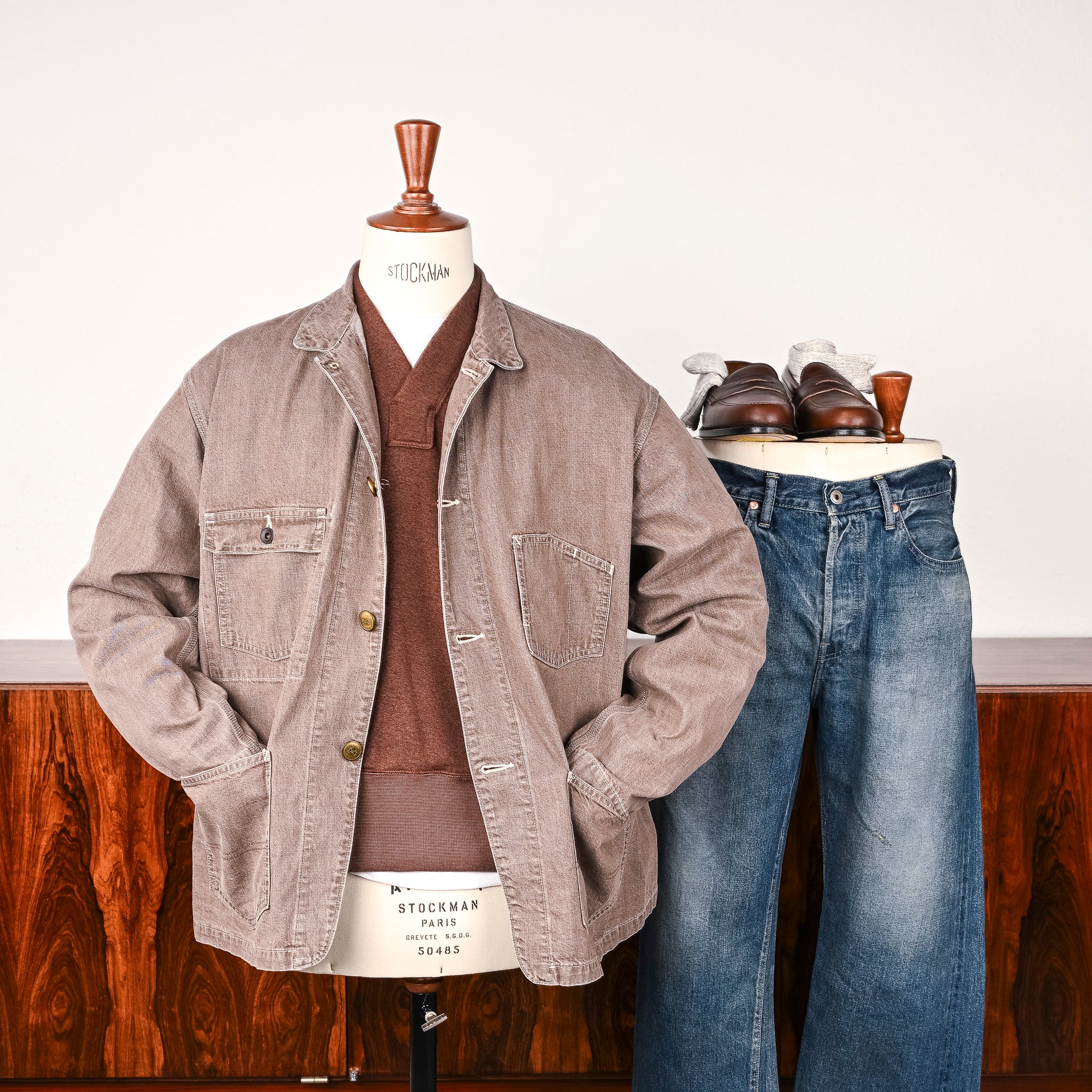 ジャケット・アウター chimala KNIT DENIM STANDCOLLAR JACKET Chimala Short Chore Coat Denim Brown – Frans Boone Store