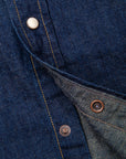 Close-up of blue denim fabric with buttons and stitching details