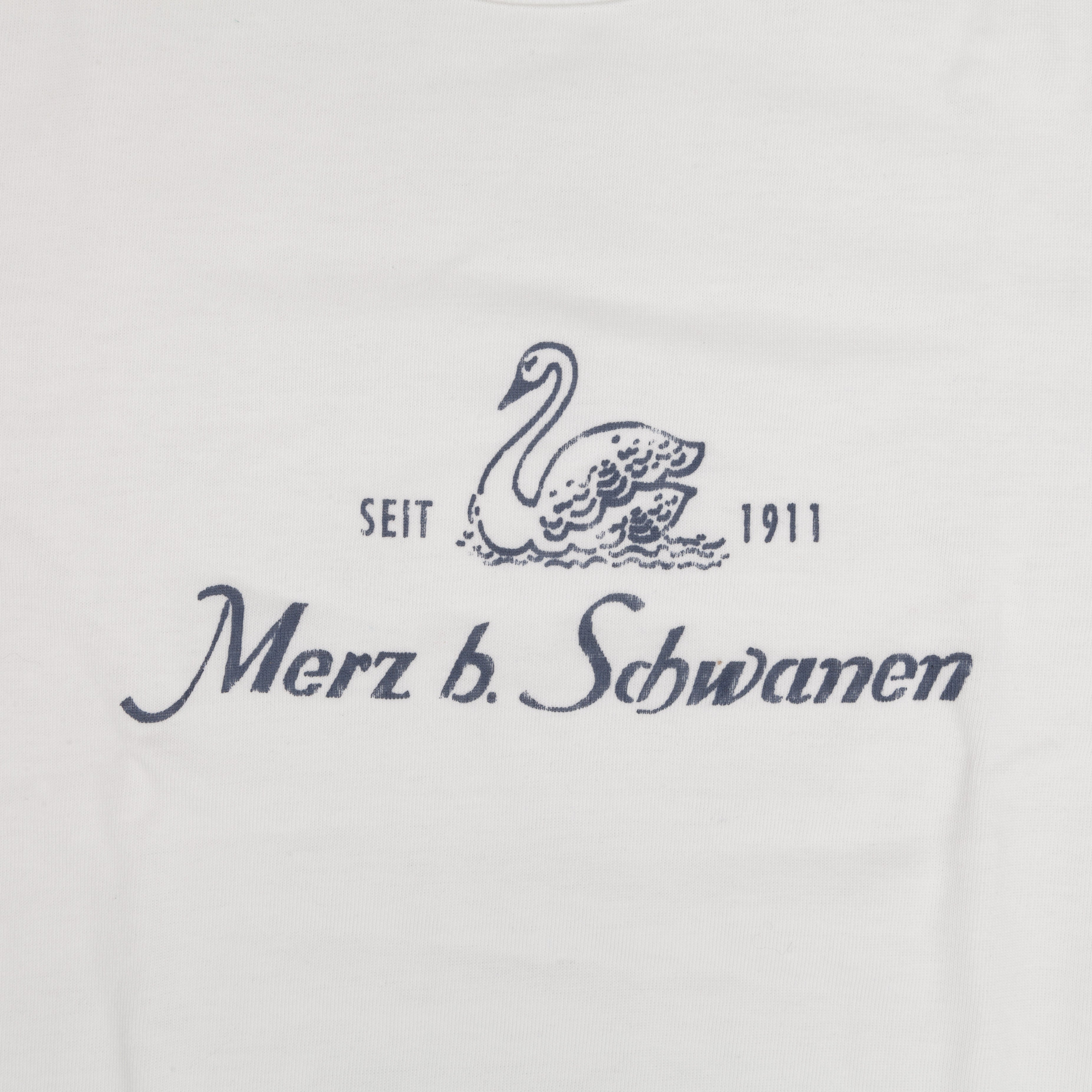 Merz b Schwanen 215 White Crew Neck Tee 1/4 slv. Indigo Print 