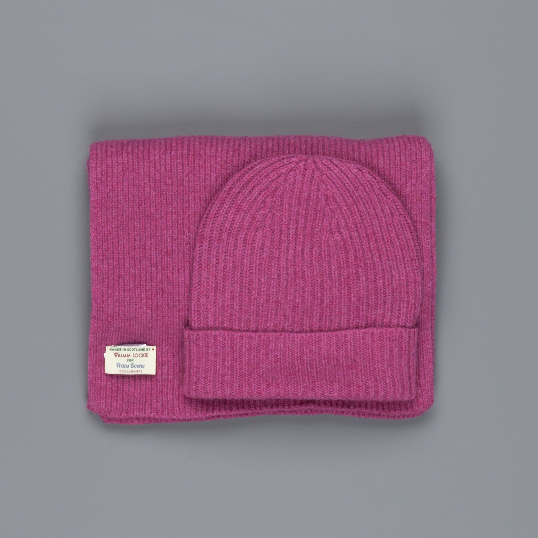 William Lockie Cashmere Ribbed Hat And Scarf Set Loganberry