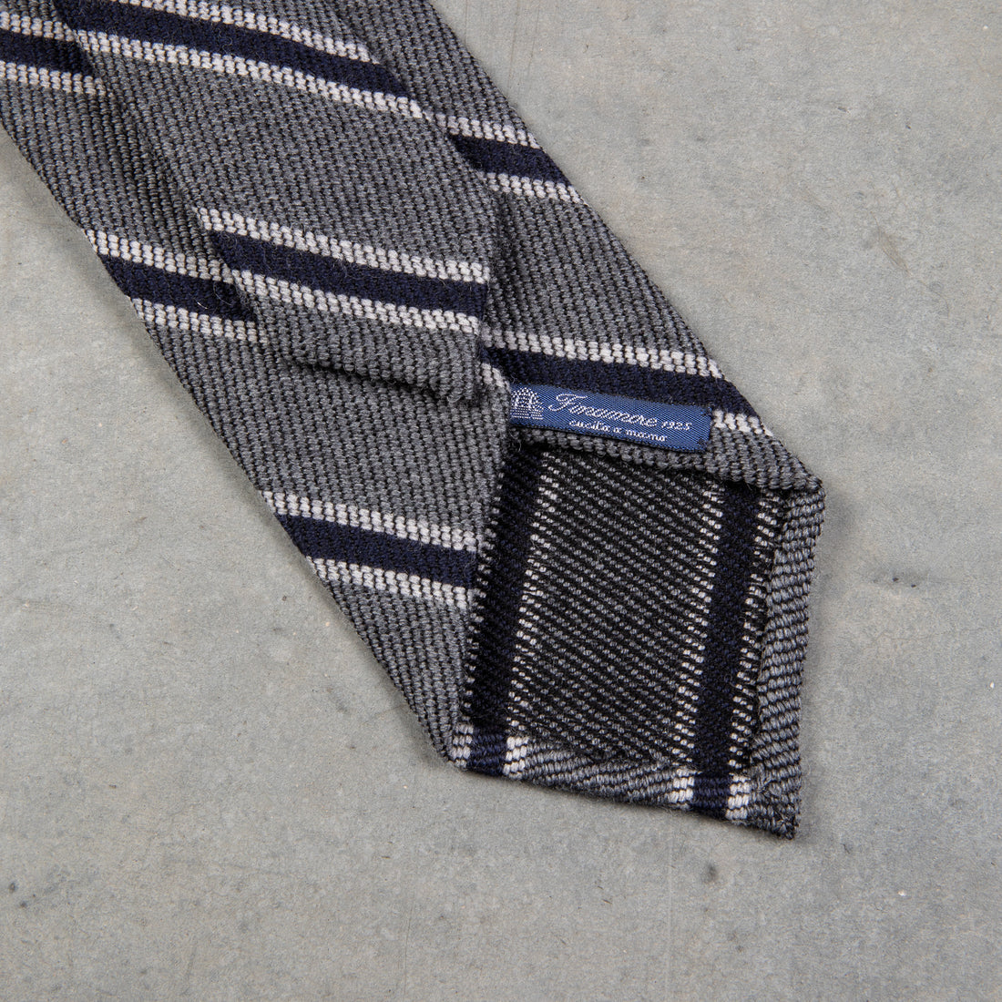 Finamore Anversa Tie Untipped Basket Weave Stripe Grey Navy