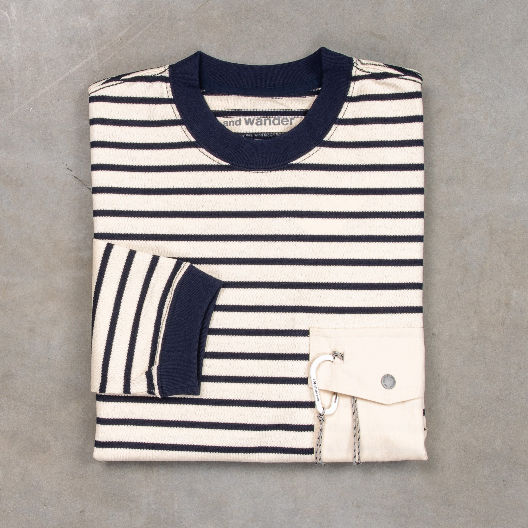 And Wander Stripe Pocket LS tee Off White