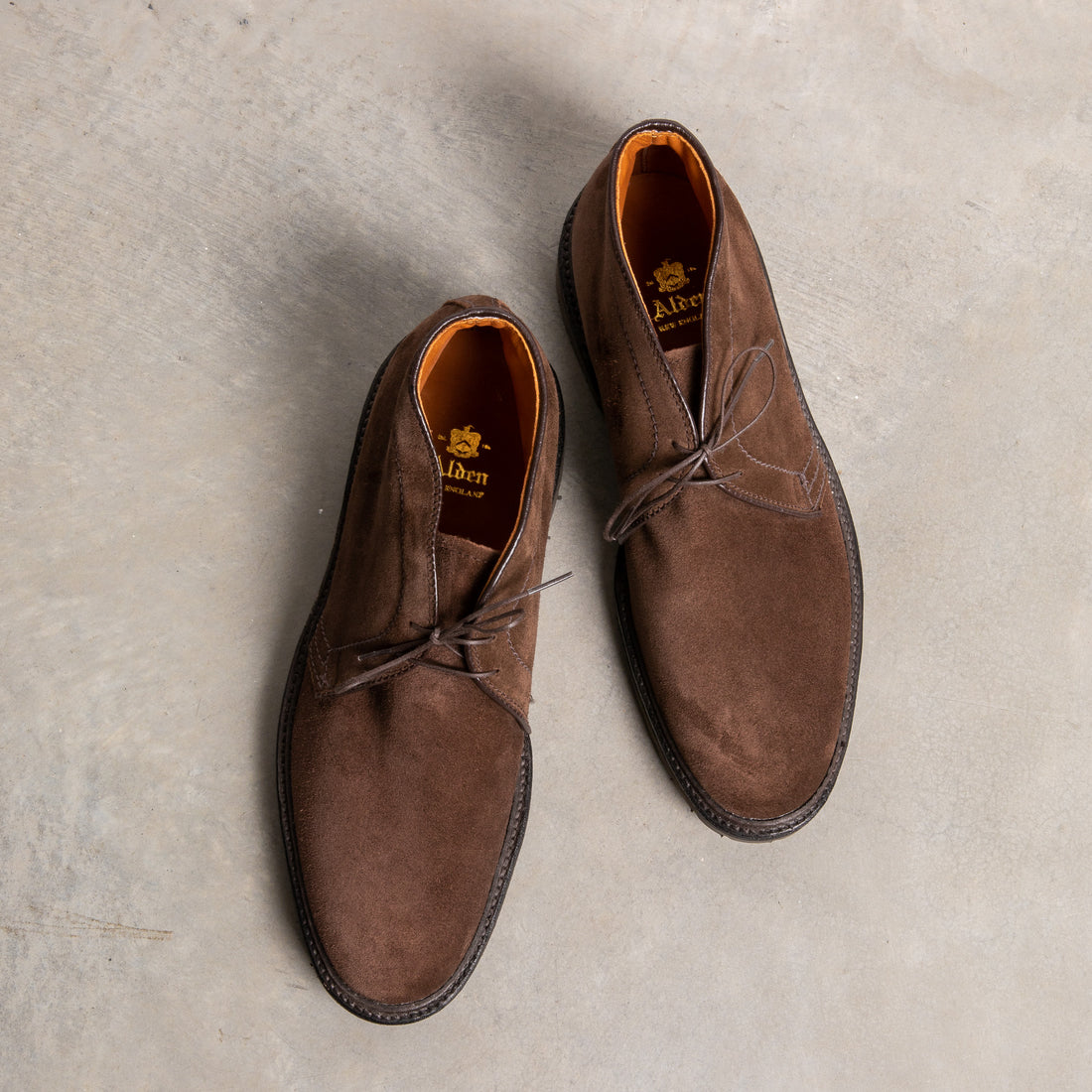 Alden dark brown suede chukka on rubber sole