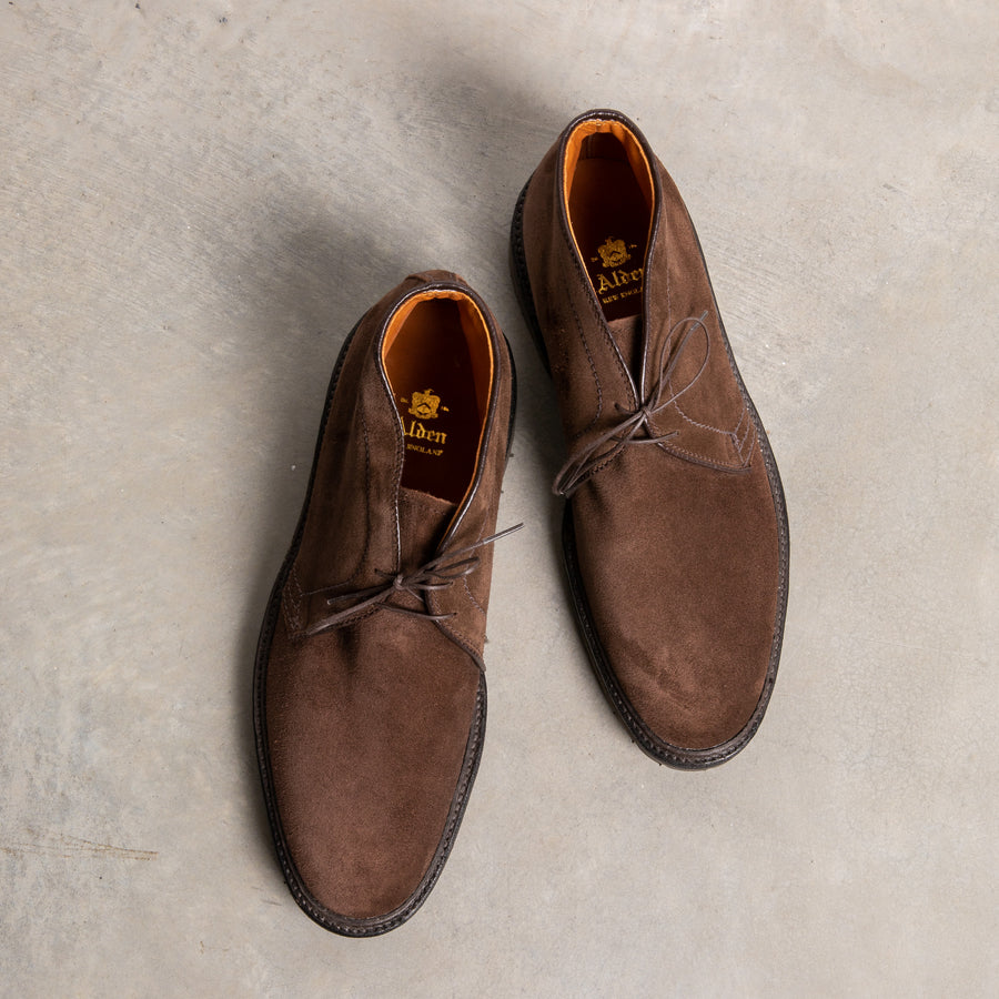 Alden dark brown suede chukka on rubber sole