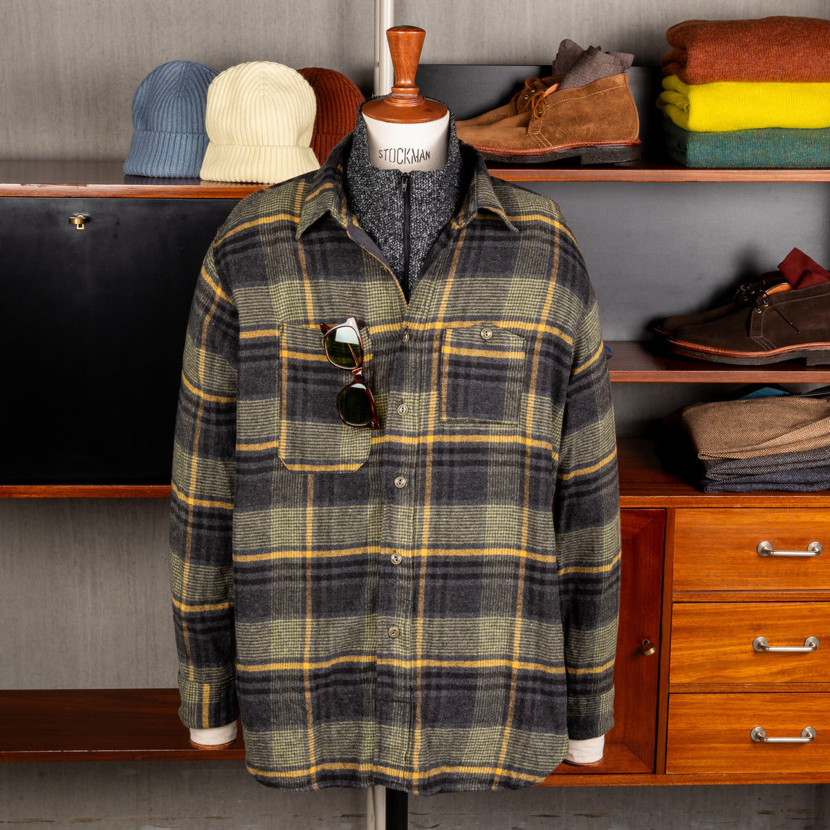 Engineered Garments Work Shirt Cotton Flannel Plaid Yellow Gray 