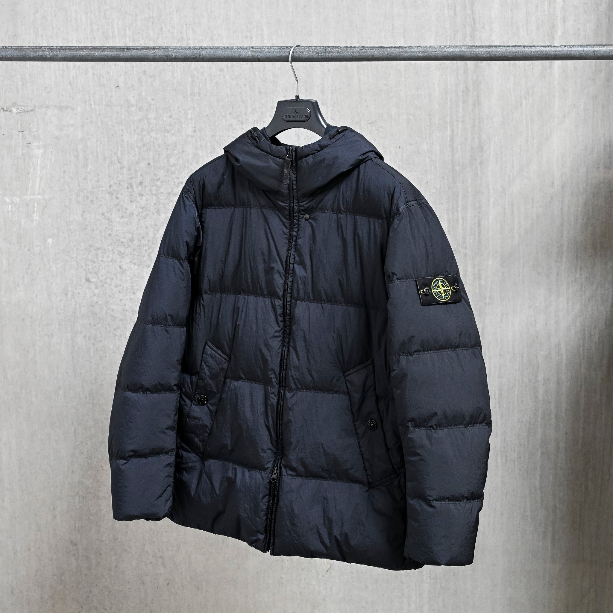 Stone Island Crinkle Reps NY Hooded Down Jacket Navy Blue