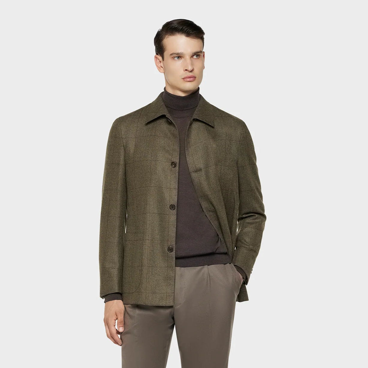 Caruso Fedora Jacket Italian Herringbone Tweed Oliva