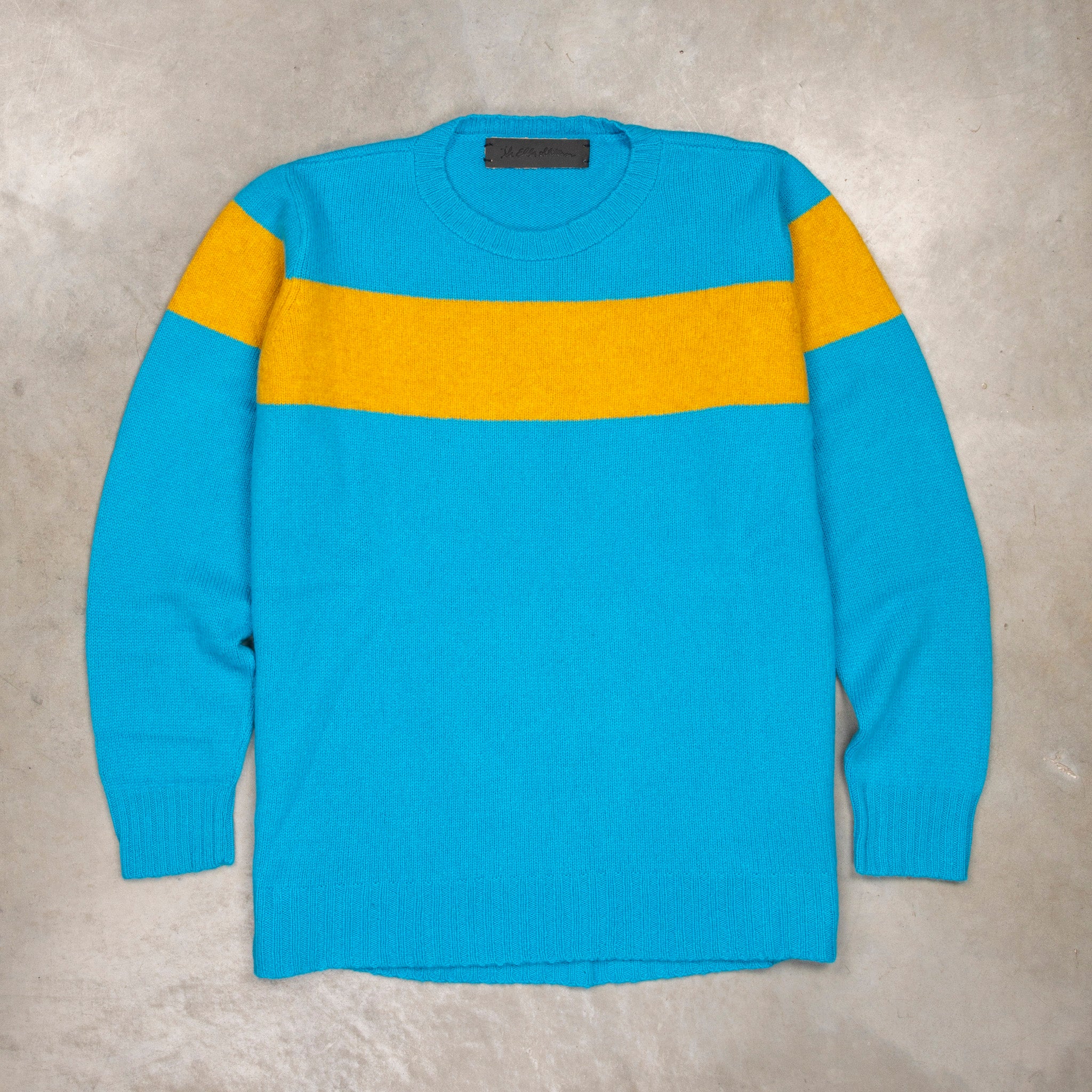 The Elder Statesman  @ Frans Boone Cashmere Striped Racing Crew Unisex Sweater Teal Yellow