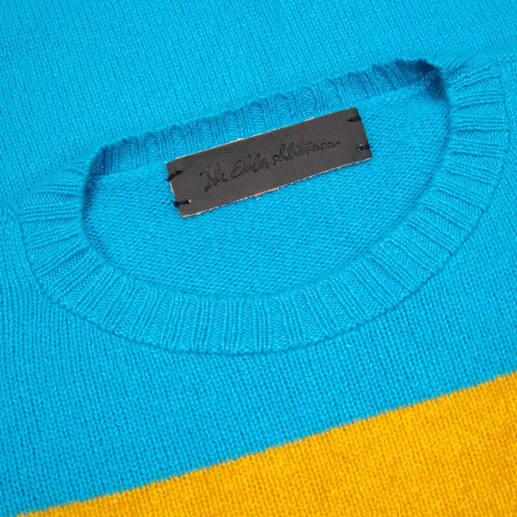 The Elder Statesman  @ Frans Boone Cashmere Striped Racing Crew Unisex Sweater Teal Yellow