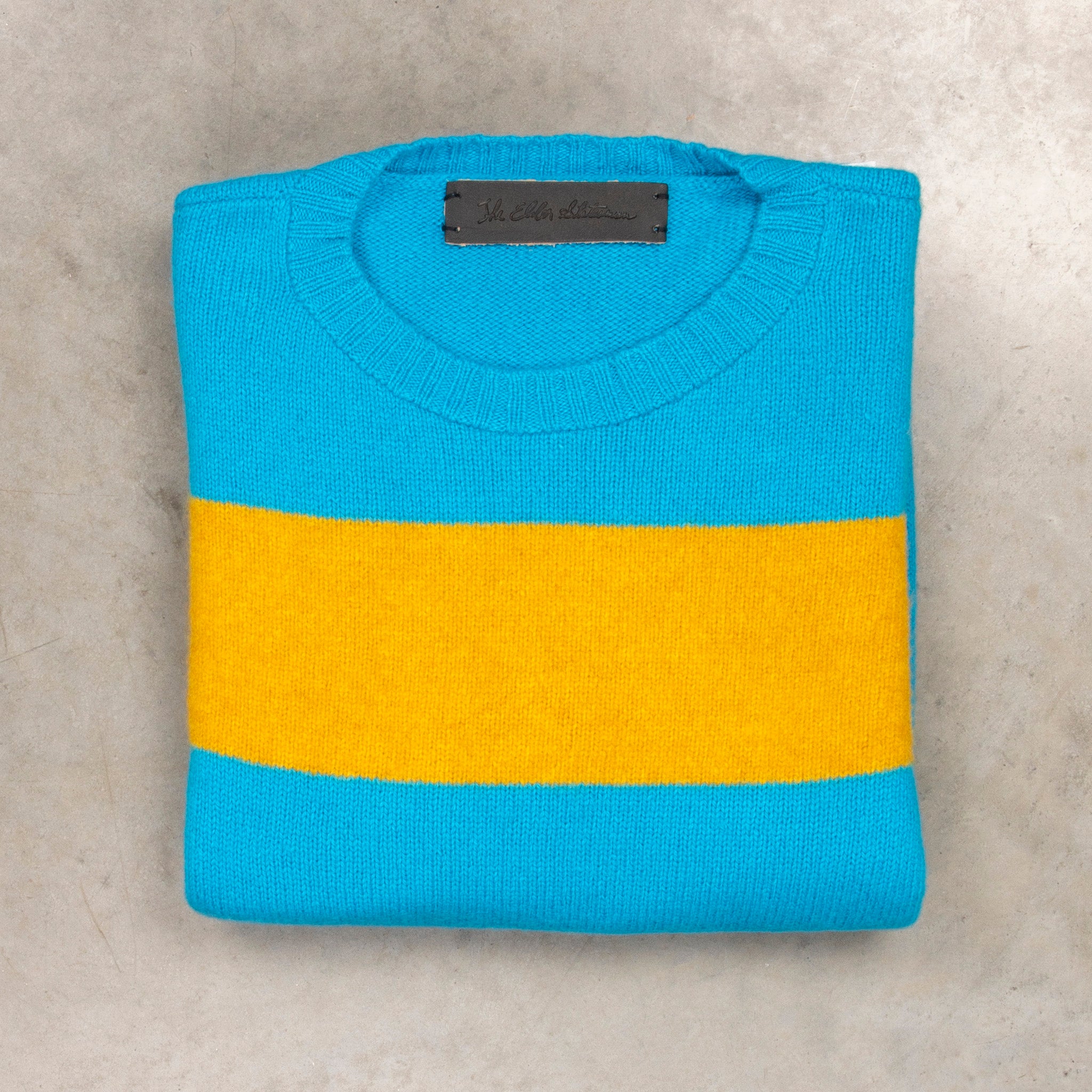 The Elder Statesman  @ Frans Boone Cashmere Striped Racing Crew Unisex Sweater Teal Yellow