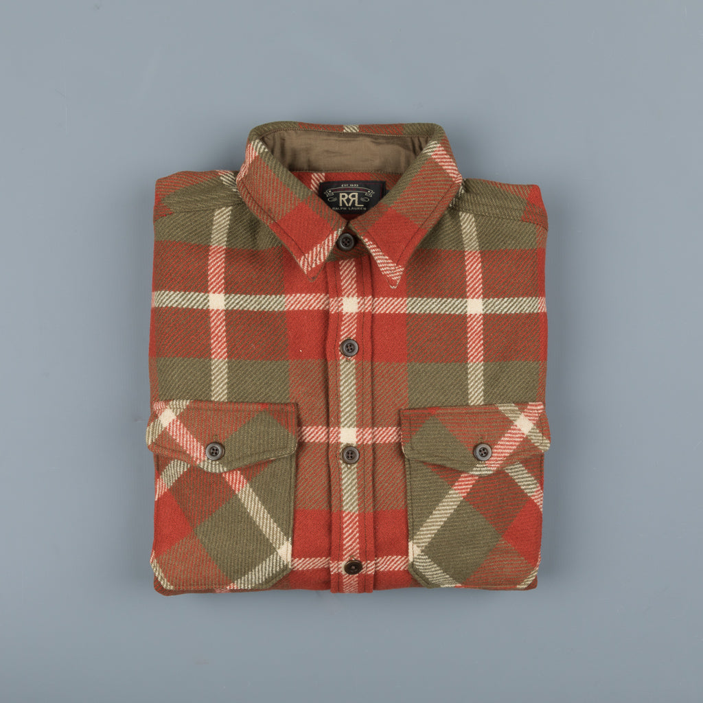 RRL Melton Wool Plaid Shirt Red and Tan