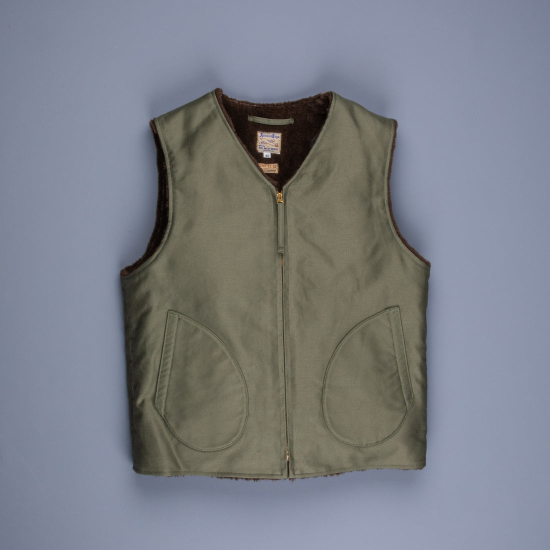 The Real McCoy's Pile Lined Alpaca Vest Olive Plain