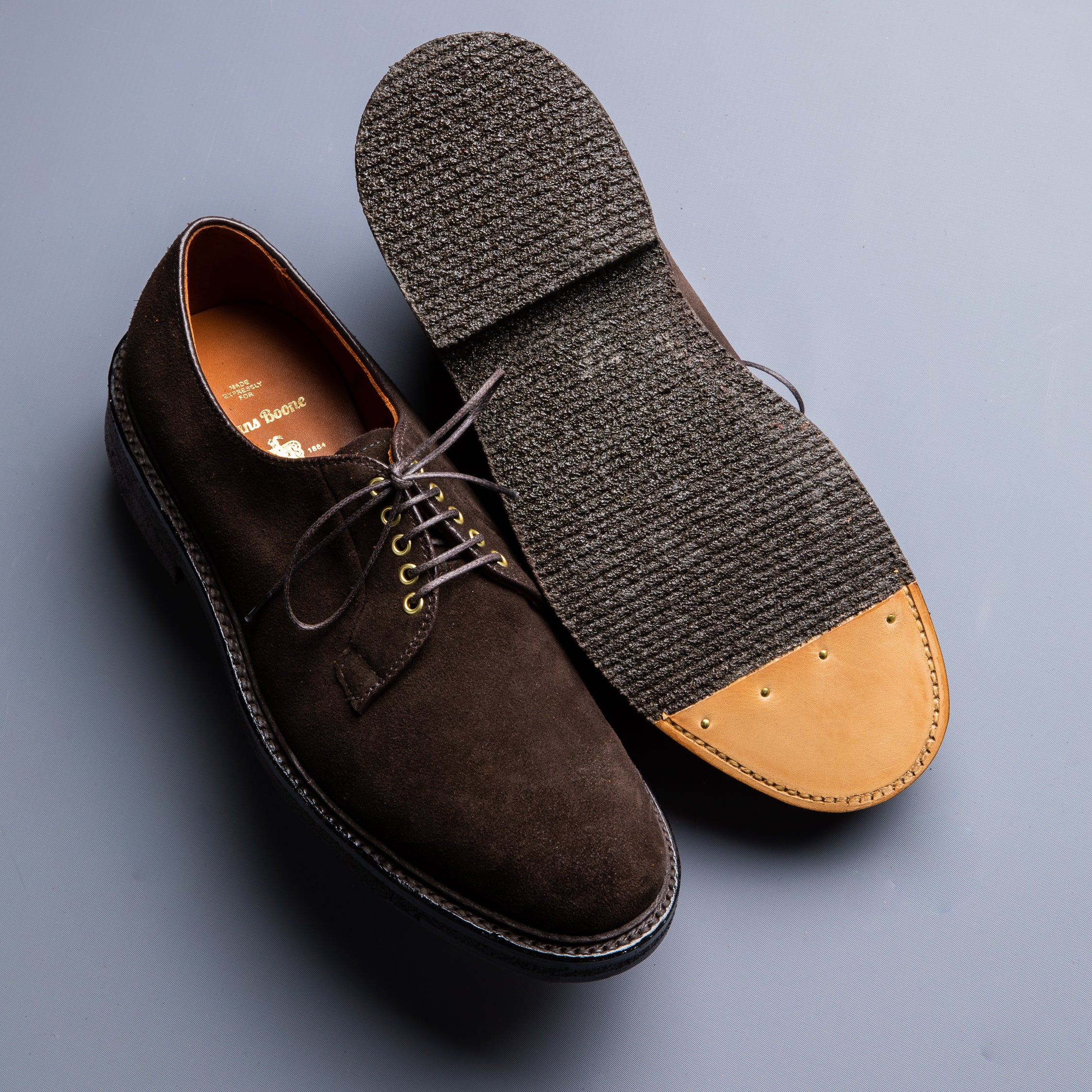 Alden x Frans Boone dark brown suede plain toe blucher on crepe