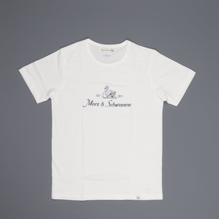 Merz b Schwanen 215 White Crew Neck Tee 1/4 slv. Indigo Print