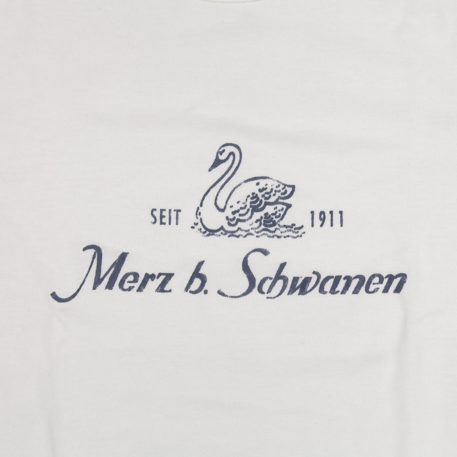 Merz b Schwanen 215 White Crew Neck Tee 1/4 slv. Indigo Print