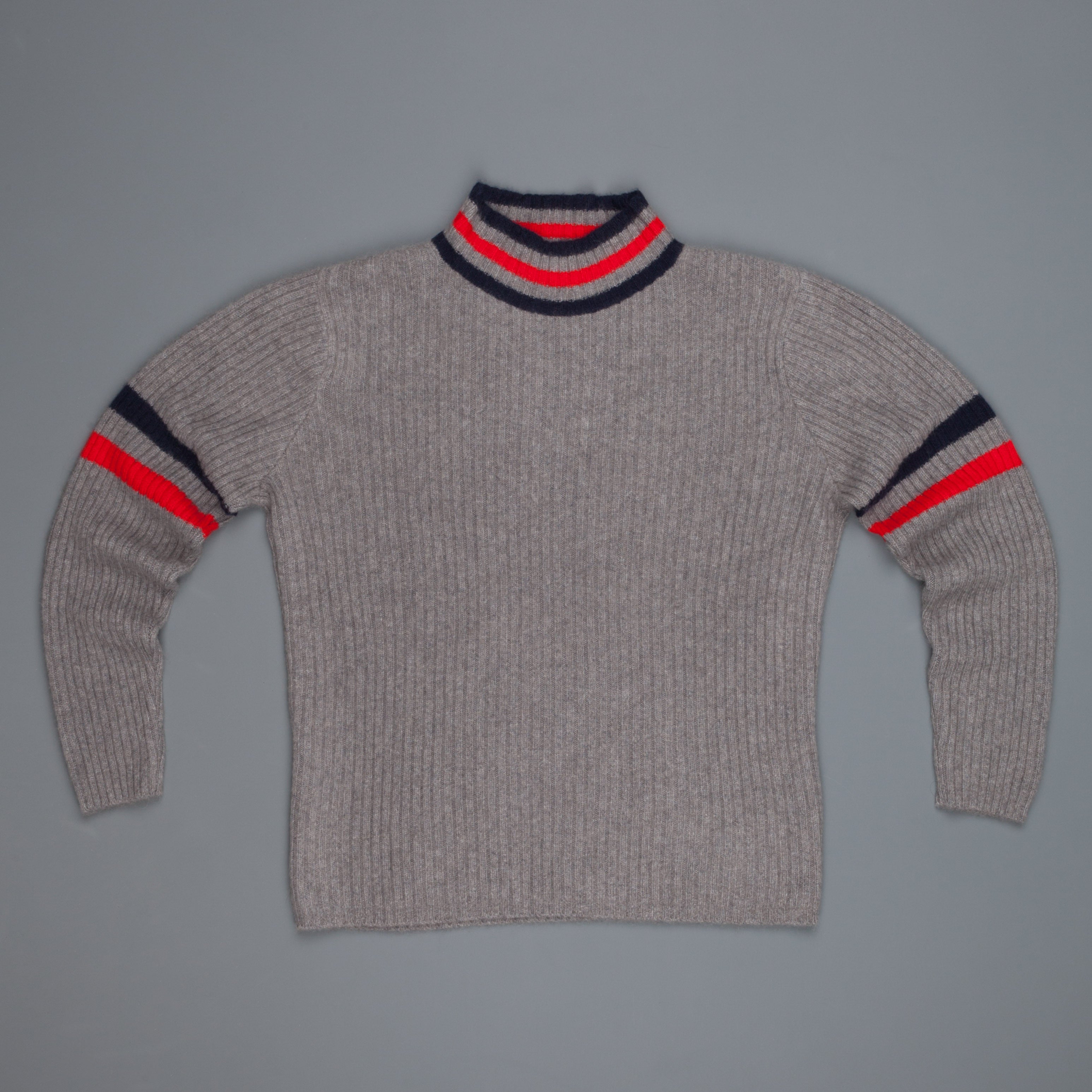 The Elder Statesman for Frans Boone 100% cashmere Odyssey Ribbed Turtleneck Grey Red Navy