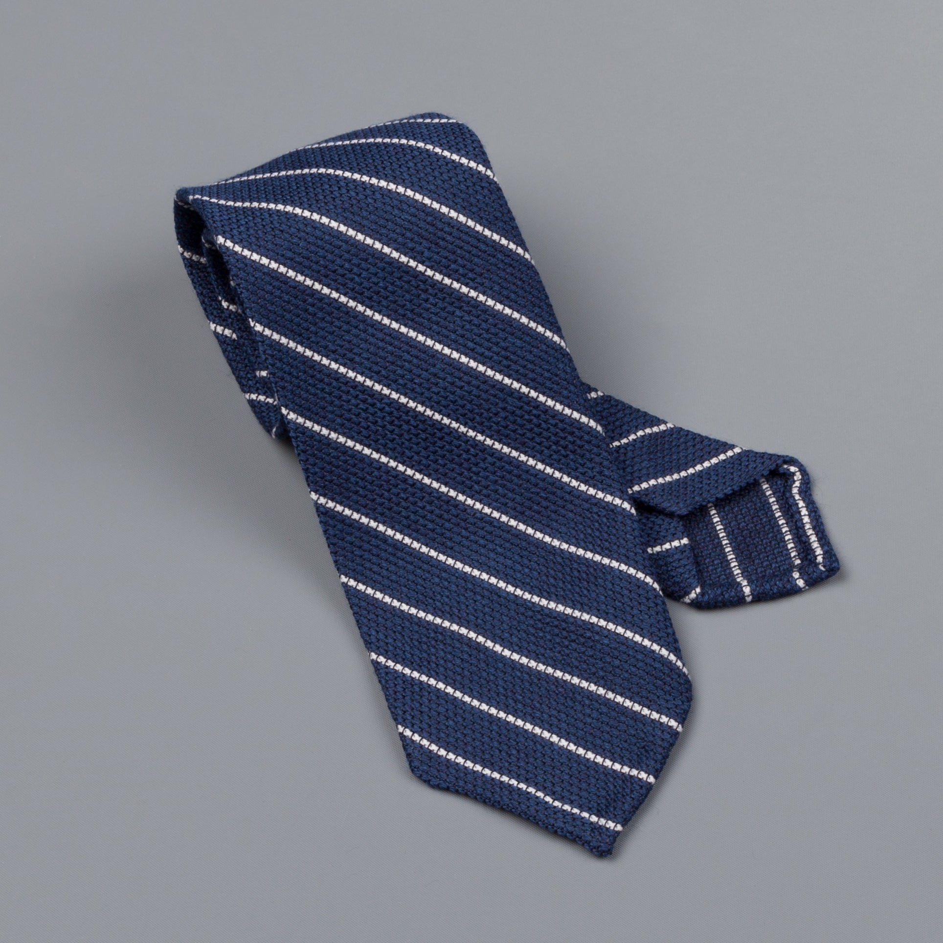 Finamore wool silk tie untipped navy white medium club stripe