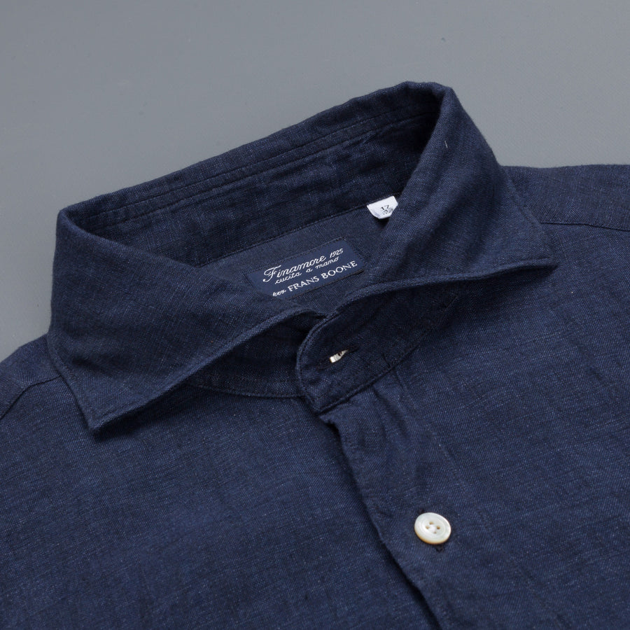 Finamore Gaeta shirt dark blue linen collo Simone