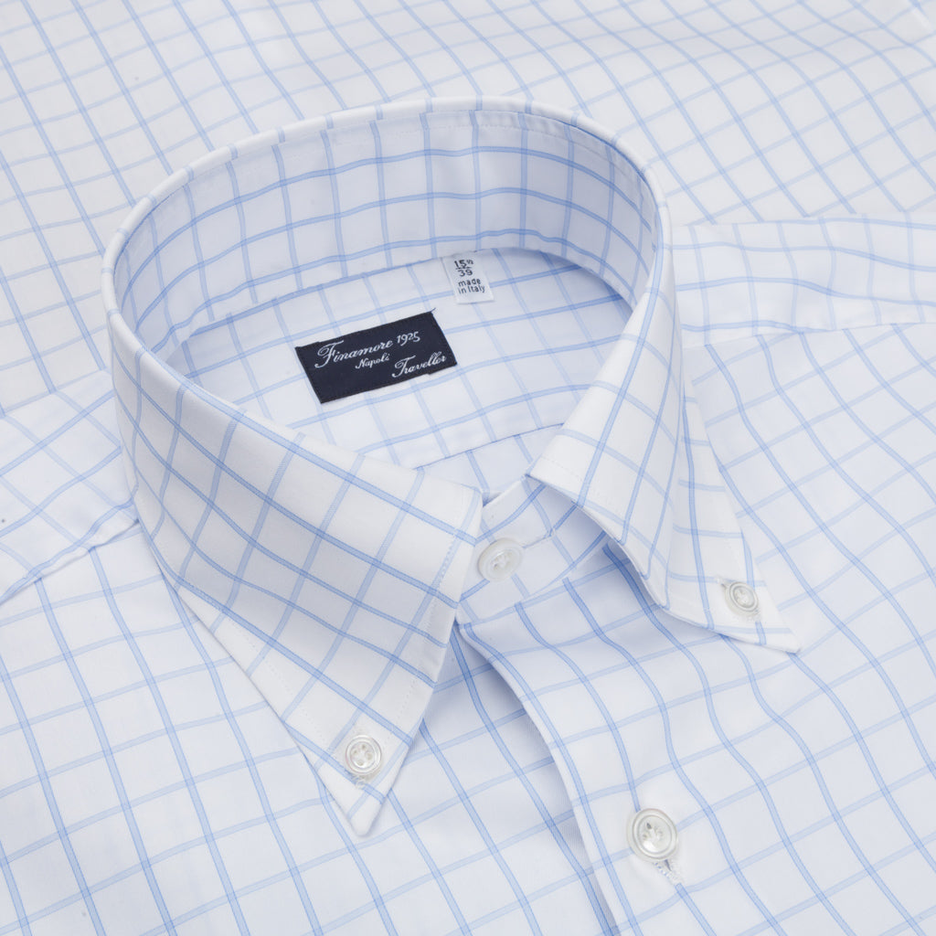 Finamore 'Traveller' Shirt Napoli Fit Collar Lucio Alumo Twill Blue windowpane check
