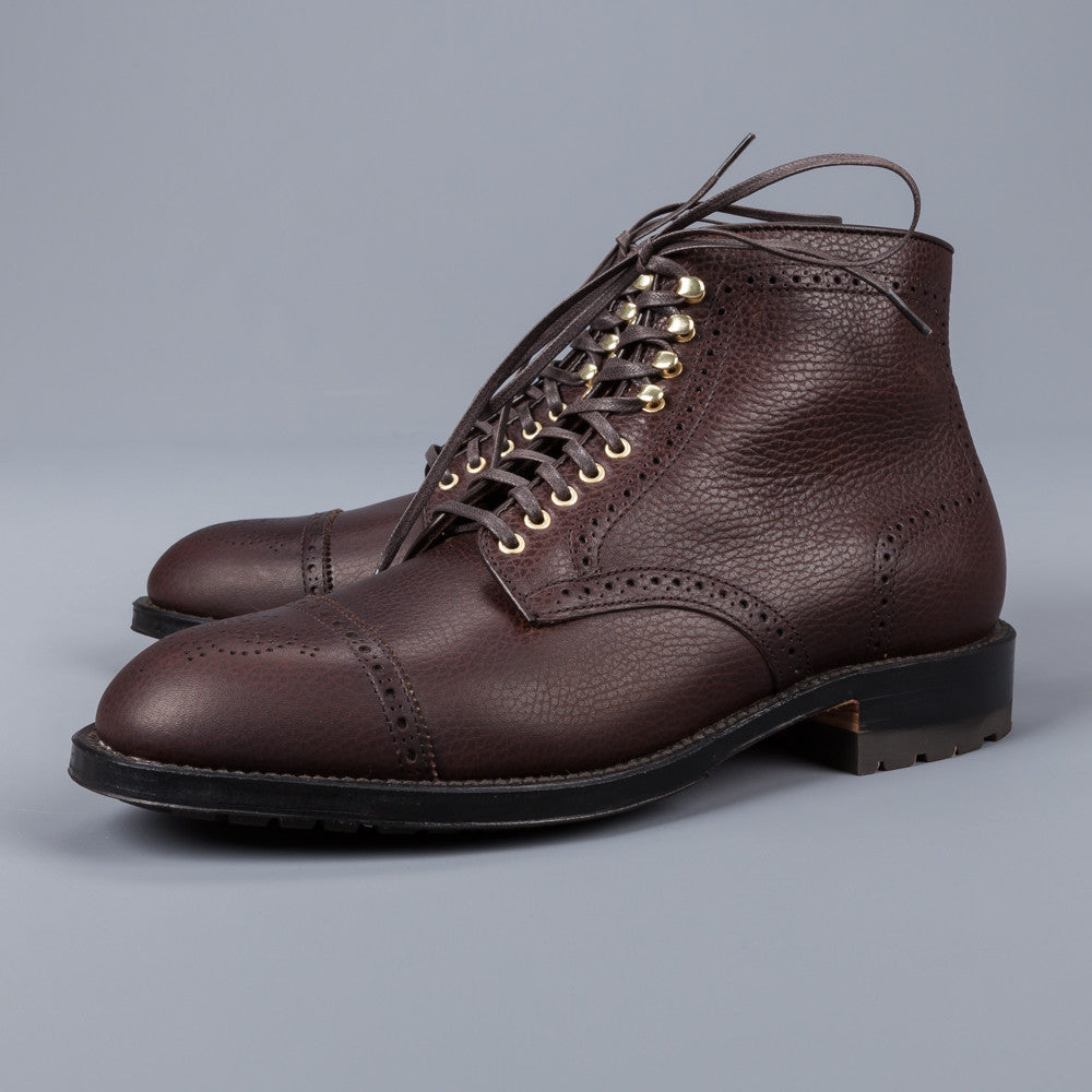 Alden Straight perforated cap toe boot in brown country calf grained leather