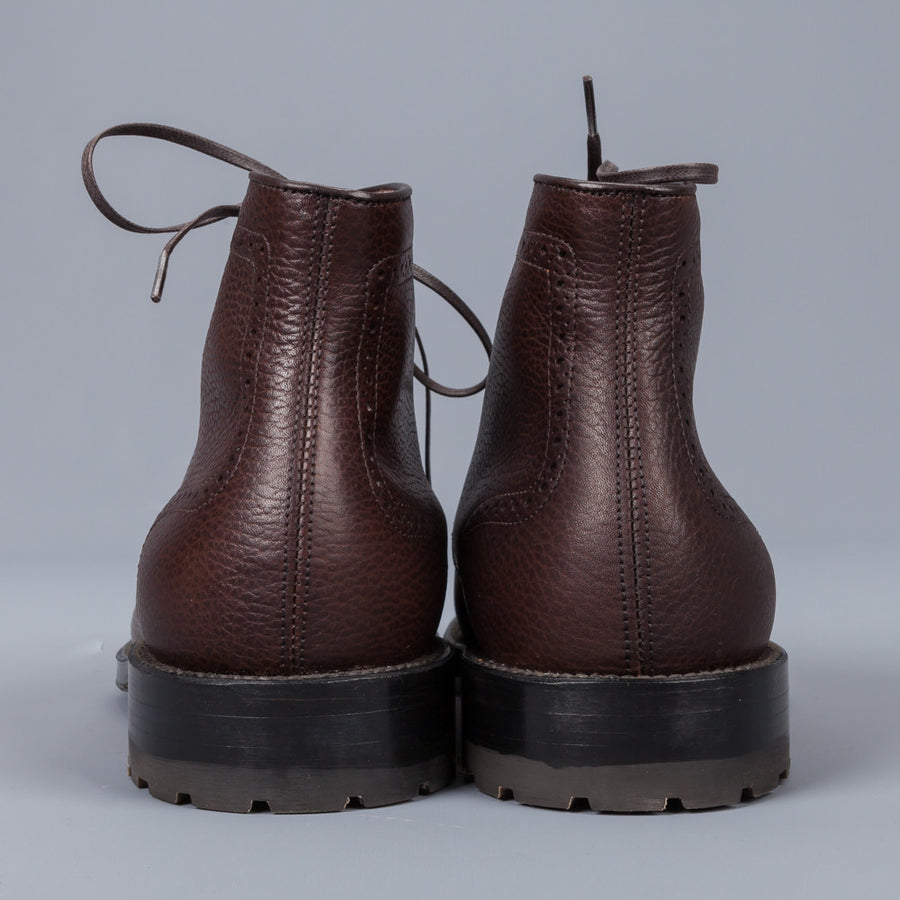 Alden Straight perforated cap toe boot in brown country calf grained leather