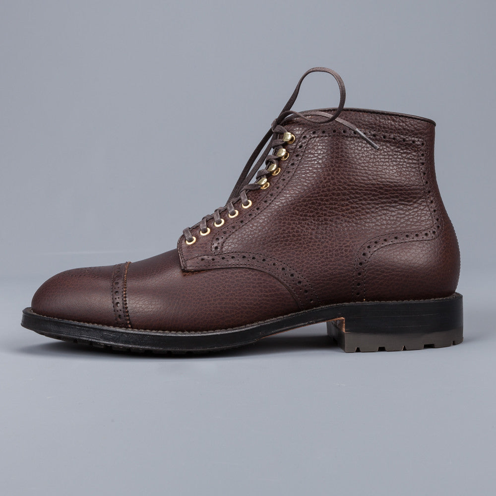 Alden Straight perforated cap toe boot in brown country calf grained leather