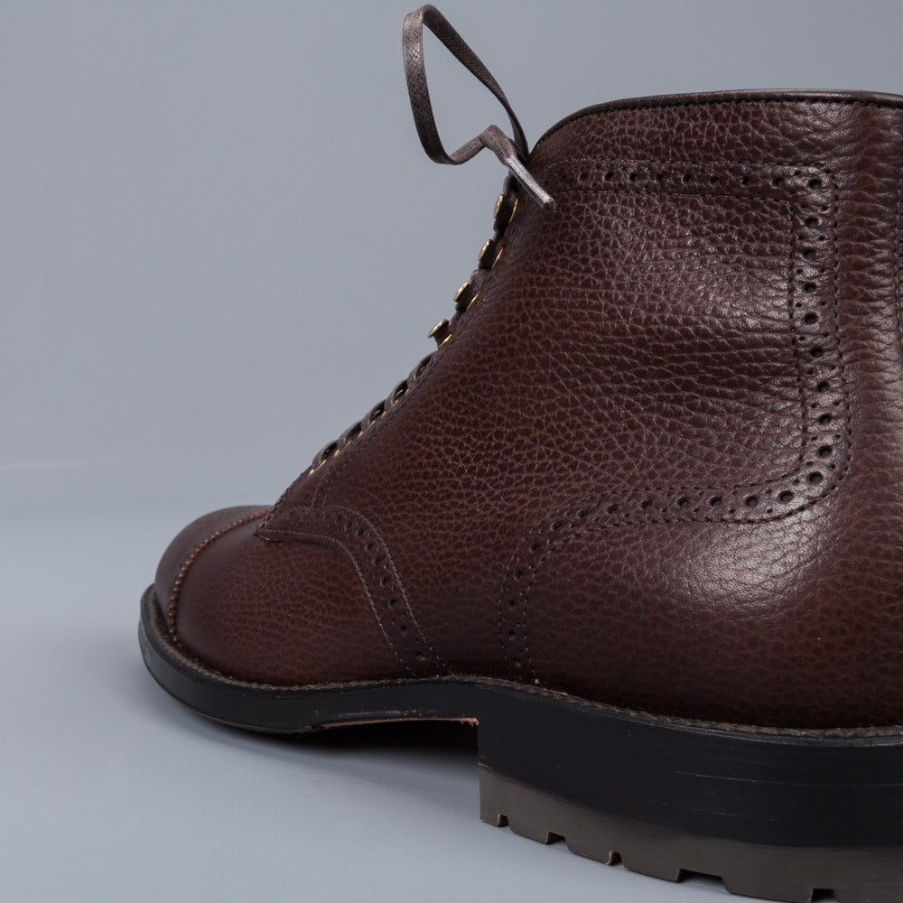 Alden Straight perforated cap toe boot in brown country calf grained leather
