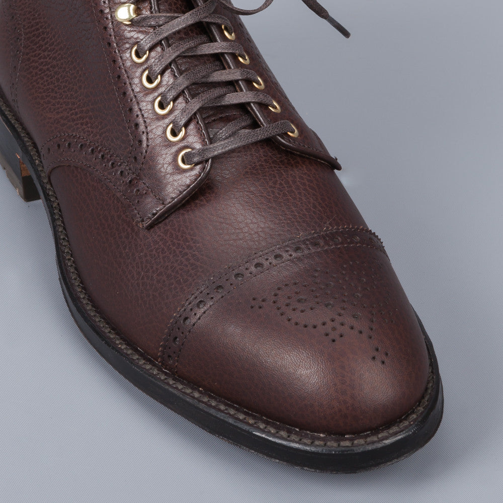 Alden Straight perforated cap toe boot in brown country calf grained leather