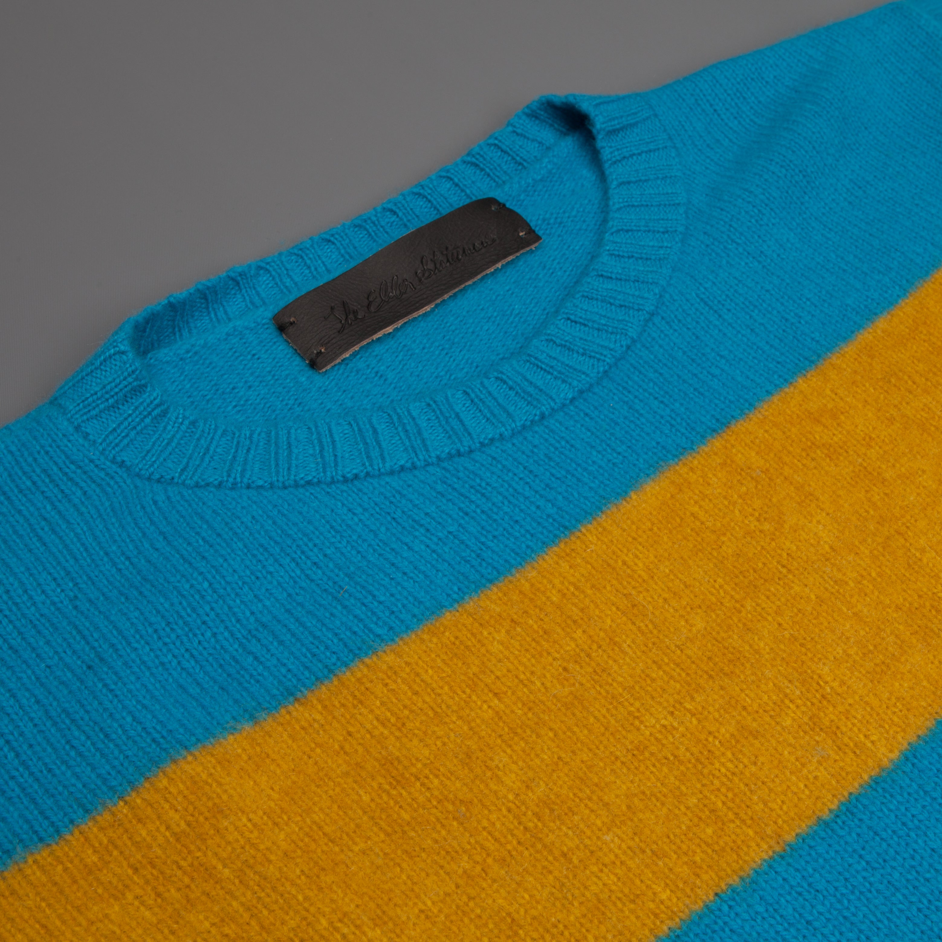 The Elder Statesman  @ Frans Boone Cashmere striped Racing Crew Unisex sweater Teal Yellow