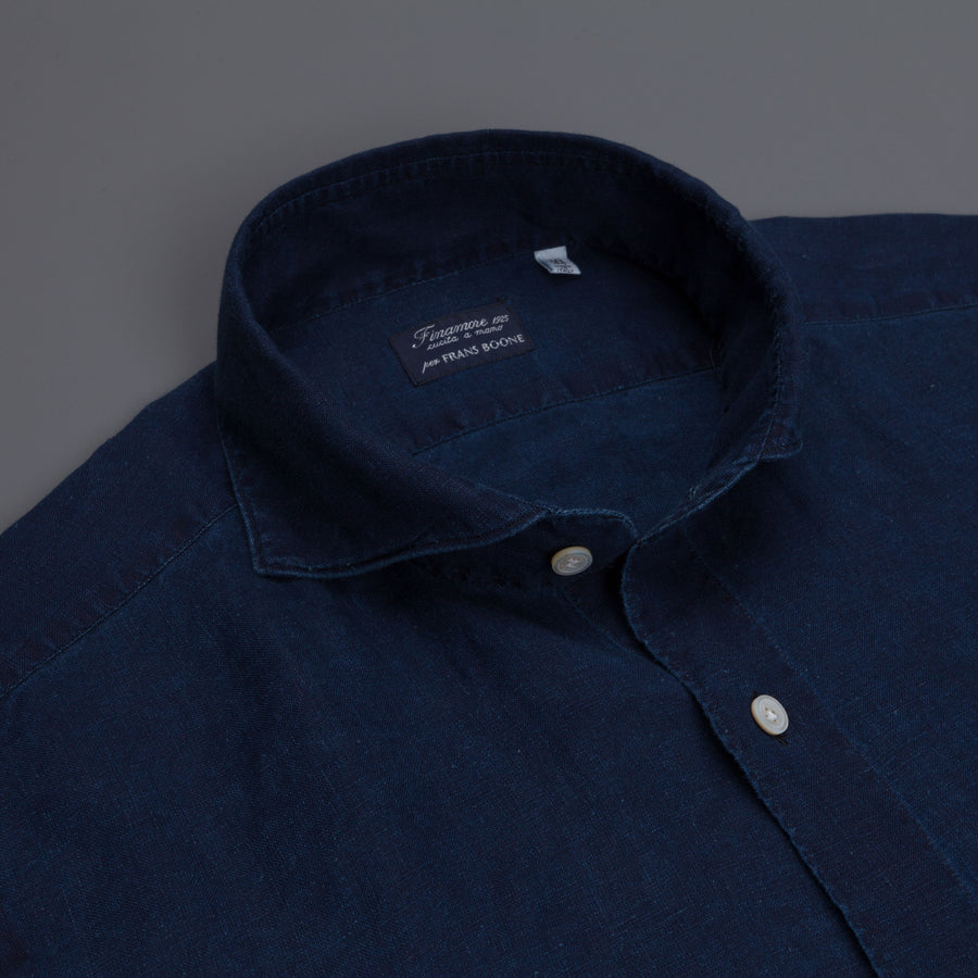 Finamore Gaeta Shirt Sergio Collar linen indigo dyed