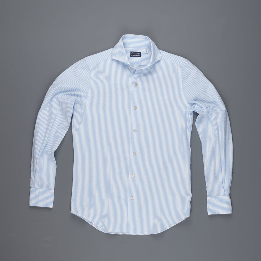 Finamore Tokyo shirt Sergio collar seersucker blue white stripe